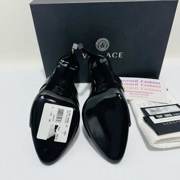 Versace Virtus Size 37 US 7  Black Leather Mule Heel Sandals NIB $900 - Picture 7 of 8